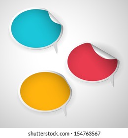 blue, yellow, red speech bubble with curled corner