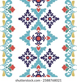Blue, yellow, and red Talavera pattern. Indian patchwork. Azulejos portugal. Turkish ornament. Moroccan tile, folk print. Spanish pottery. Background. Mediterranean wallpaper.