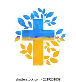 Blue and yellow religious cross with branches. Stop the war in Ukraine. Vector illustration