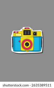 Blue yellow retro camera sticker cute doodle on grey