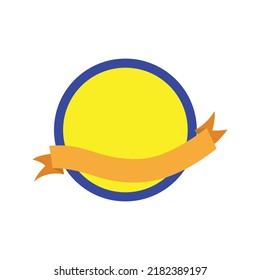 Blue and yellow retro circle frame with golden ribbon 