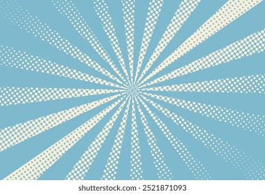Blue and yellow retro duotone banner. Halftone comic starburst pattern. Pop art background. Cartoon print with beams. Vintage sunshine texture. Superhero sunburst backdrop. Vector illustration.