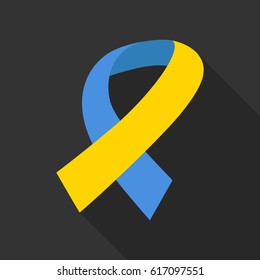 Blue Yellow Ribbon. Vector world down syndrome day symbol. Flat icon shadow