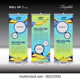 Blue and Yellow Roll Up Banner template vector illustration,polygon background, advertisement, display, flyer design