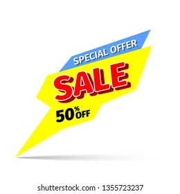 Blue and yellow sale banner with shadow isolated on white background. Vector illustration.