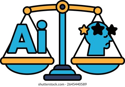 A blue and yellow scale with a person on each side. The person on the left side has a star on it and the person on the right side has a sad face. The scale is labeled with the word AI