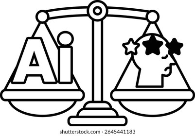 A blue and yellow scale with a person on each side. The person on the left side has a star on it and the person on the right side has a sad face. The scale is labeled with the word AI