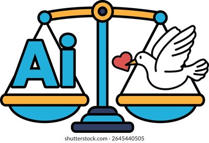 A blue and yellow scale with a white dove on the right side and the letters AI on the left side