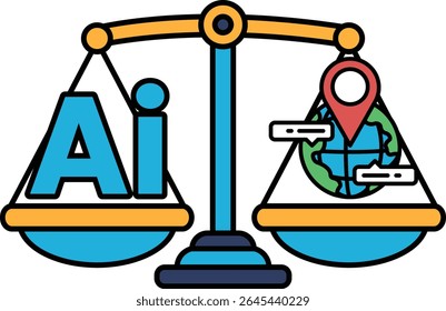 A blue and yellow scale with the word AI on the left and a globe on the right. The scale is balanced, with the globe on the right side