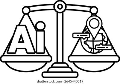 A blue and yellow scale with the word AI on the left and a globe on the right. The scale is balanced, with the globe on the right side
