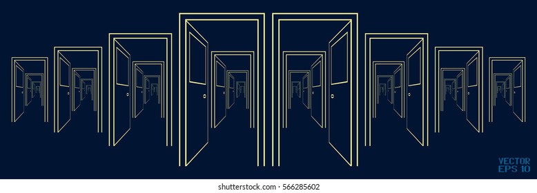 Blue and Yellow Schematic Image of Suite of Rooms. A Series of Open Doors. Vector. 3D Illustration