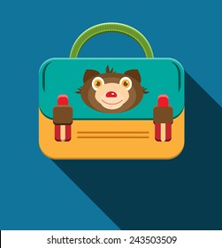 Blue, yellow schoolbag with bear, blue background, flat design