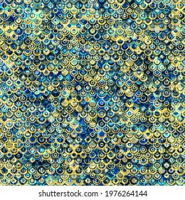 Blue and yellow seamless pattern with rings. Chain mail effect. Abstract vector background for web page, banners backdrop, fabric, home decor, wrapping