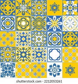 Blue yellow seamless pattern, spanish portuguese tiles for decoration, contrast vector illustration
