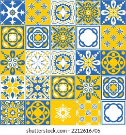 Blue yellow seamless pattern, spanish portuguese tiles for decoration, vector illustration