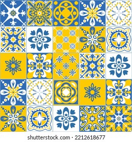 Blue yellow seamless pattern, spanish portuguese tiles for decoration