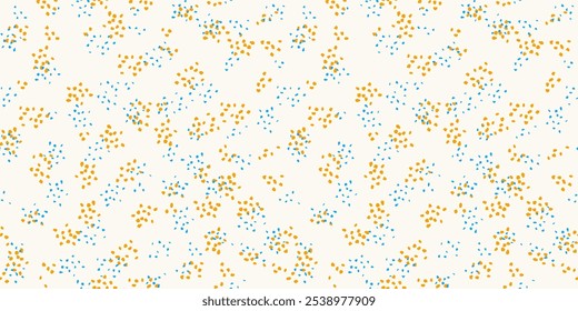 Padrão de bolinhas sem costura azul e amarelo. Esboço desenhado à mão vetorial. Ornamento minimalista simples com forma abstrata pontos aleatórios, manchas, gotas flocos de neve em fundo branco