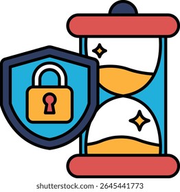 A blue and yellow security lock is on a blue shield. The lock is on the shield to protect something inside