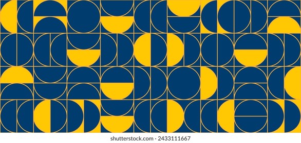 Blue and yellow semicircle seamless pattern. Abstract geometric half circle and square repeating background. Swiss modernist or postmodernist style wallpaper. Vector navy and gold modular backdrop