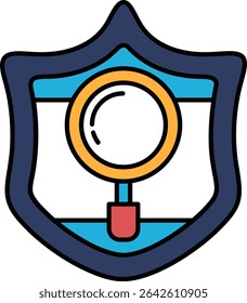 A blue and yellow shield with a magnifying glass on it. The shield is designed to look like a protective barrier, while the magnifying glass adds a sense of curiosity and exploration