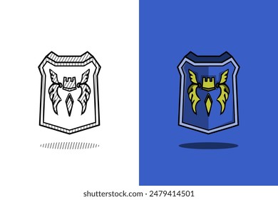 diseño de Vector de escudo azul y amarillo. diseño de boceto y color