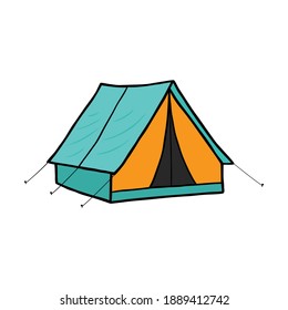 Blue and yellow single camping tent on white background flat vector illustration