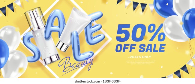 Blue and yellow skincare cosmetic sale ads with foil balloons decorations in 3d illustration