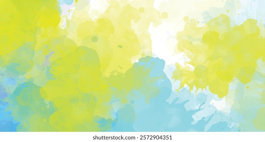 Blue yellow sky gradient watercolor background with cloud abstract blue color clouds background, Vibrant clear blue sky with puffy and blurry natural clear clouds, watercolor background  texture 