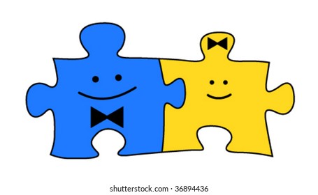 blue and yellow smiling puzzles couple