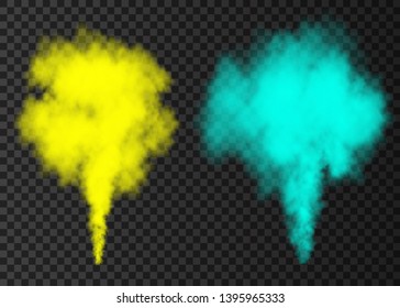 Blue, yellow smoke burst  isolated on transparent background.  Color steam explosion special effect.  Realistic  vector  column of  fire fog or mist texture .