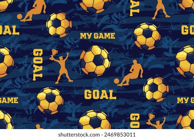 Blue and yellow Soccer ball pattern. Seamless Football pattern with text Goal, My game, footballer men silhouette. Grunge textured brush strokes blue background