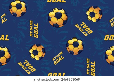 Patrón de balón de fútbol azul y amarillo. Patrón de fútbol sin fisuras con texto Gol, Mi juego. Grunge pinceladas texturizadas fondo azul