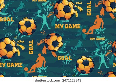 Blue and yellow Soccer ball pattern. Seamless Football pattern with text Goal, My game, footballer men silhouette. Grunge textured brush strokes blue background