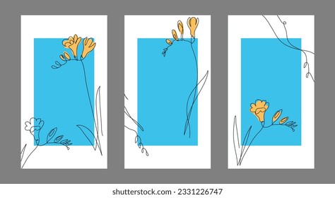 Blue and yellow social media floral templates with freesia flowers. Vector minimalist background for posts or stories. One continuous line art drawing of freesia flowers.