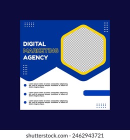 blue and yellow social media post design for digital marketing, creative and insurance companies.