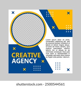 blue and yellow social media post template for creative agency company.