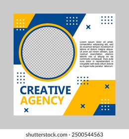 blue and yellow social media post template for creative agency company.