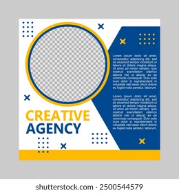 blue and yellow social media post template for creative agency company.