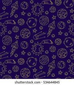 Blue and yellow space cosmos planets doodles seamless vector pattern