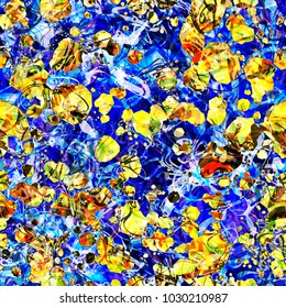 Blue and yellow splatter seamless texture. Bright pattern from blots and curved stripes. Abstract vector background for web hpage, banners backdrop, fabric, home decor, wrapping
