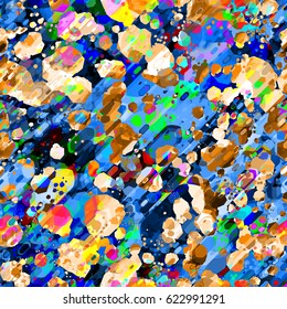 Blue and yellow splattered background with color inclusion. Stains and geometric elements. Seamless texture for fabric, wrapping