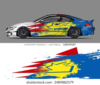 Blue and yellow sports car with red accents and a sponsor logo. Ideal for automotive advertising campaigns and sports events promotions.