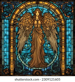 Blue and yellow stained glass window of an angel