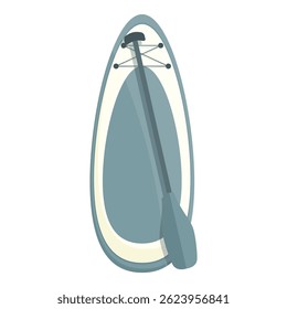 Azul e amarelo stand-up paddle board com um remo está deitado em cima dele em um fundo branco