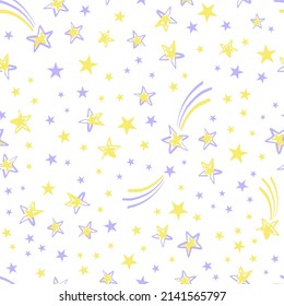 Blue yellow starry outer space with fallen stars vector seamless pattern. Childish Celestial sweet dreams galaxy background. Pyjamas party good night surface design.