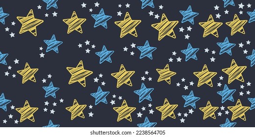 Blue and yellow stars drawn and scribbled. Children's drawing of stars for wallpaper and gift wrapping. Starry seamless pattern for print and interior design, wallpaper, gift wrapping.