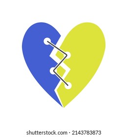Blue yellow stitched heart shape. Ukrainian flag