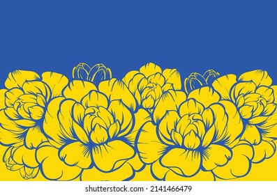 Blue and yellow stripes with flowers (Ukraine flag, the war in Ukraine concept). Flowers background in colors of Ukrainian flag. Vector blue and yellow background with flowers.