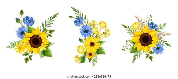 Blue and yellow sunflowers, gerbera flowers, cornflowers, dandelion flowers, and green leaves. Set of three bouquets isolated on a white background