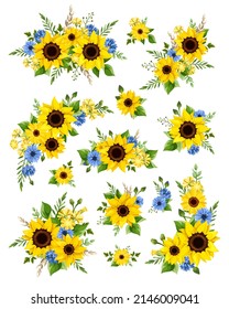 Blue and yellow sunflowers, gerbera flowers, cornflowers, dandelion flowers, and green leaves. Set of floral design elements isolated on a white background